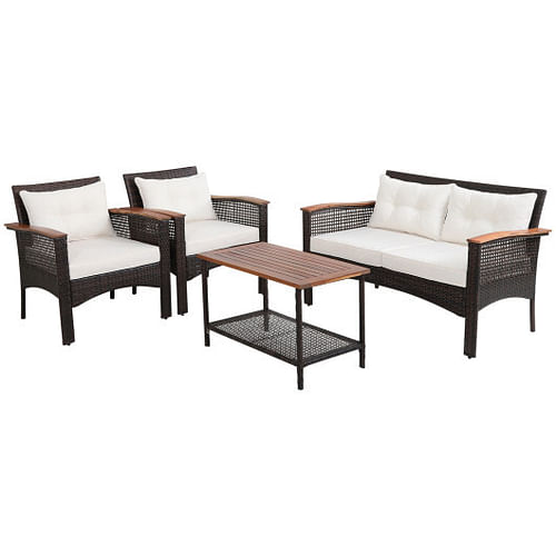 4 Pieces Patio Rattan Acacia Wood Furniture Set with Cushions and Armrest - Free Shipping