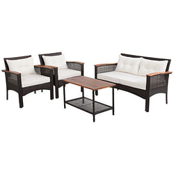 4 Pieces Patio Rattan Acacia Wood Furniture Set with Cushions and Armrest - Free Shipping