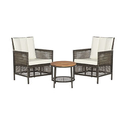 3 Pieces Patio Rattan Furniture Set with Cushioned Sofas and Wood Table Top-White - Free Shipping