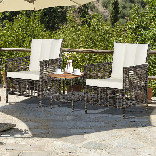 3 Pieces Patio Rattan Furniture Set with Cushioned Sofas and Wood Table Top-White - Free Shipping
