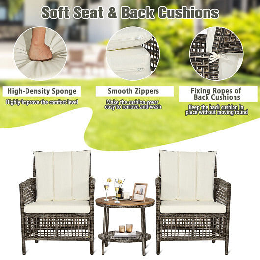 3 Pieces Patio Rattan Furniture Set with Cushioned Sofas and Wood Table Top-White - Free Shipping