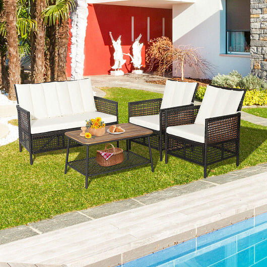 4 Pieces Patio Rattan Furniture Set with 2-Tier Coffee Table-White - Free Shipping