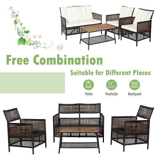 4 Pieces Patio Rattan Furniture Set with 2-Tier Coffee Table-White - Free Shipping