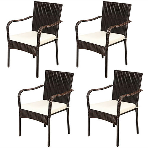 Set of 4 Patio Rattan Stackable Dining Chair with Cushioned Armrest for Garden - Free Shipping