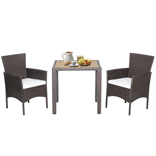 3 Pieces Patio Wicker Furniture Set wih Acacia Wood Table Top and Chair Cushiones - Free Shipping