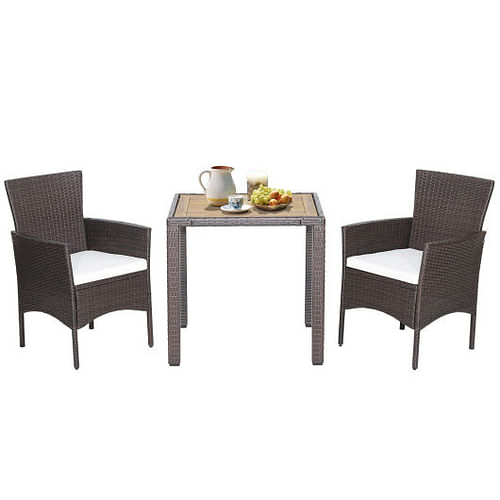 3 Pieces Patio Wicker Furniture Set wih Acacia Wood Table Top and Chair Cushiones - Free Shipping