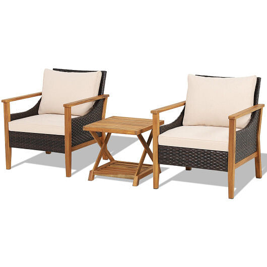 3 Pieces Patio Wicker Furniture Set with 2-Tier Side Table and Cushioned Armchairs-Natural - Free Shipping