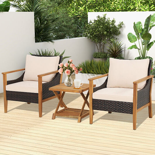 3 Pieces Patio Wicker Furniture Set with 2-Tier Side Table and Cushioned Armchairs-Natural - Free Shipping