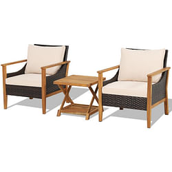 3 Pieces Patio Wicker Furniture Set with 2-Tier Side Table and Cushioned Armchairs-Natural - Free Shipping