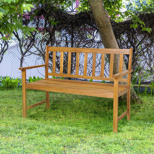 2-Person Patio Acacia Wood Bench with Backrest and Armrests - Free Shipping