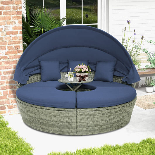 Outdoor PE Wicker Round Daybed with Retractable Canopy and Cushions-Navy - Free Shipping