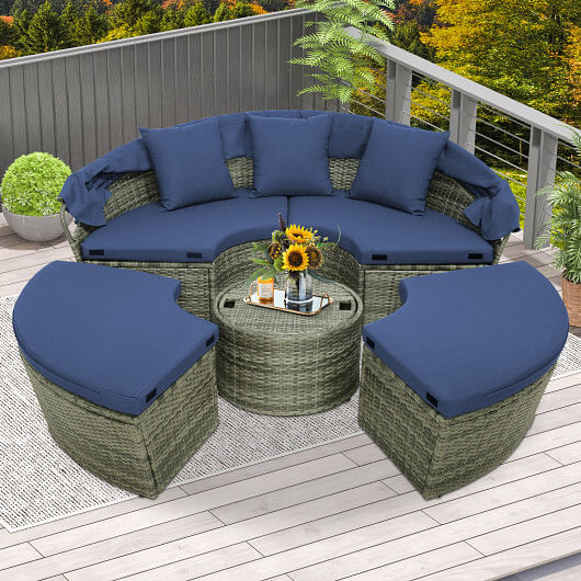 Outdoor PE Wicker Round Daybed with Retractable Canopy and Cushions-Navy - Free Shipping