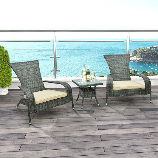 3-Piece Wicker Adirondack Set with Comfy Seat Cushions-Gray - Free Shipping