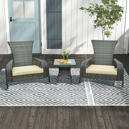 3-Piece Wicker Adirondack Set with Comfy Seat Cushions-Gray - Free Shipping