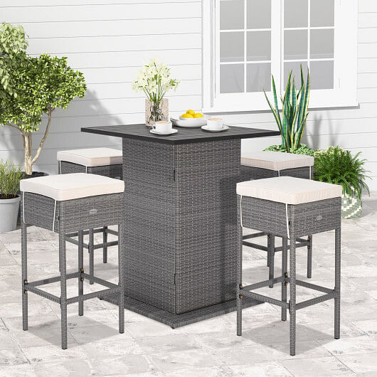 5 Pieces Outdoor Wicker Bar Table Set with Hidden Storage Shelves-White - Free Shipping