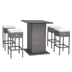 5 Pieces Outdoor Wicker Bar Table Set with Hidden Storage Shelves-White - Free Shipping
