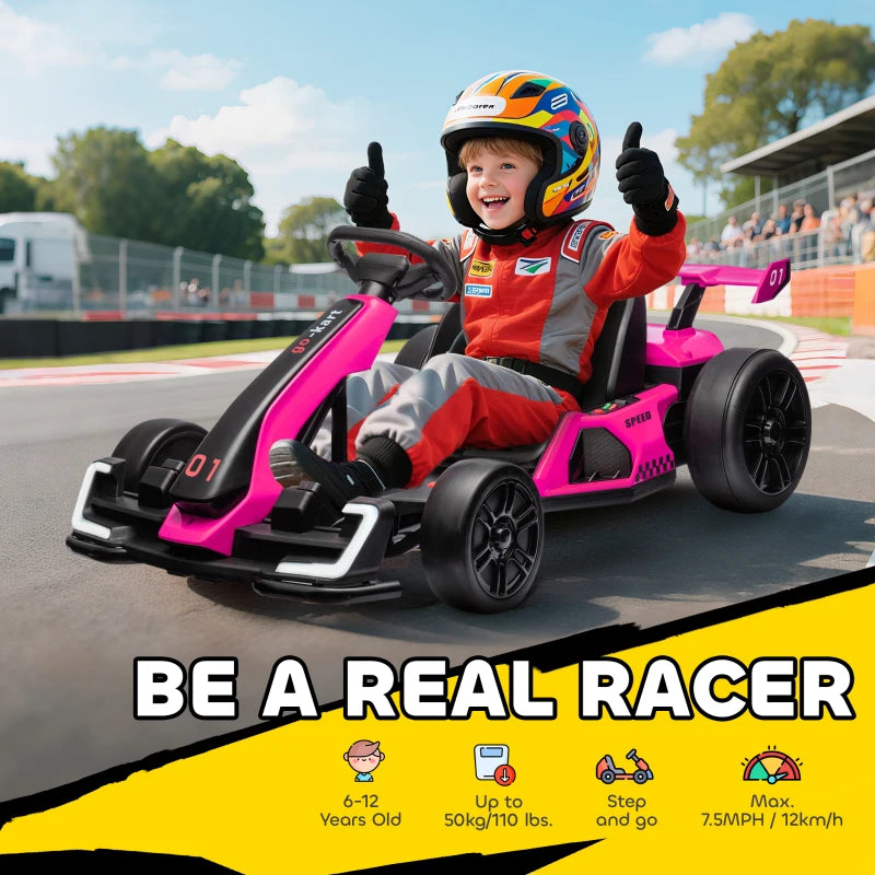 Aosom 24V Electric Go Kart, Battery Powered Kids Drift Kart with Adjustable Seat, Seat Belt, Horn, Music, Light, Pink