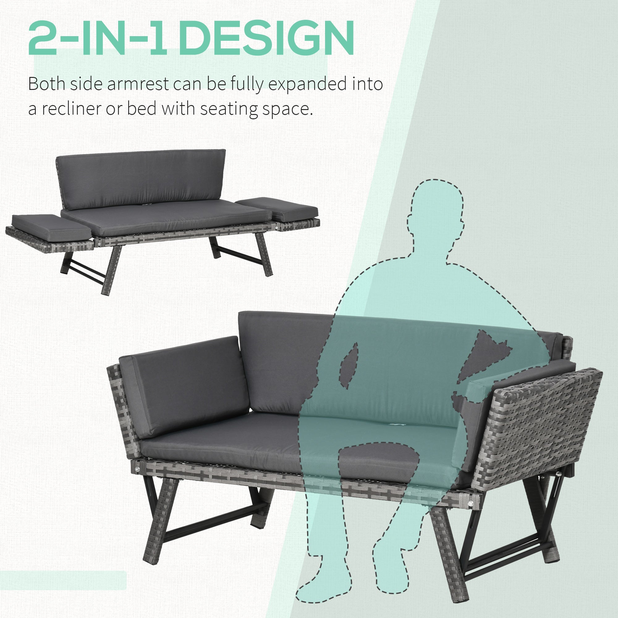 Outsunny Convertible Rattan Sofa Bed Chaise Lounge Wicker Loveseat Armchair Double Seat with Cushion All Weather Patio Furniture Grey
