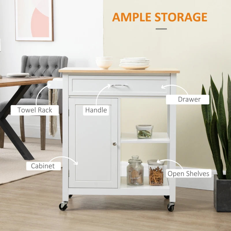 Rolling Kitchen Cart with Wood Top and Drawer, Kitchen Island on Wheels for Dining Room, White
