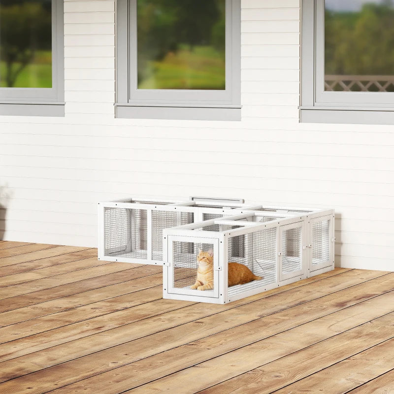 Cat Tunnel, Outdoor Cat Enclosure with Combinable Design, 8 Doors, 98" Kitty Toys for House, Window, Cage, White