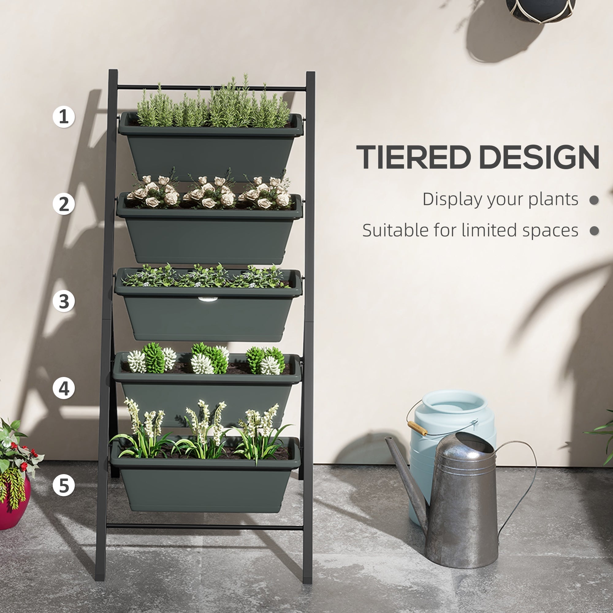 Outsunny 5-Tier Vertical Garden Planter Outdoor Plant Stand with 5 Container Boxes for Vegetables Flowers Grey