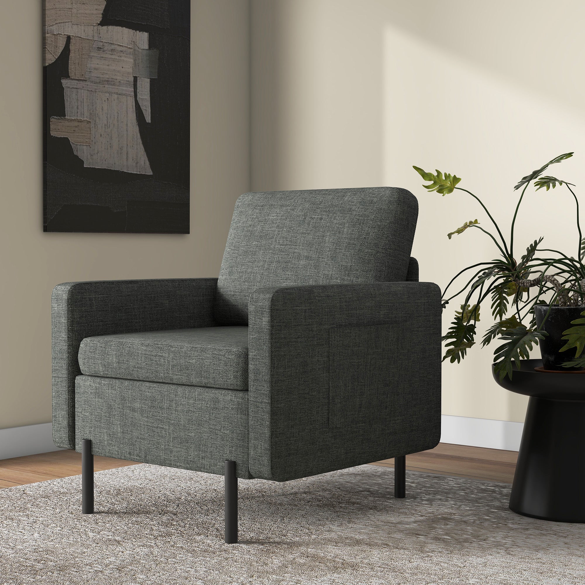 HOMCOM Cozy Armchair with Pockets: Fabric Upholstery on Sleek Metal Frame, Charcoal Grey
