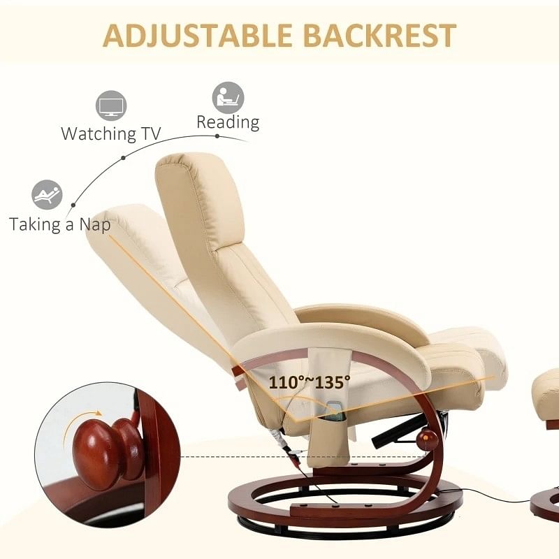 Adjustable Beige Faux Leather Electric Remote Massage Recliner Chair w/ Ottoman - Free Shipping