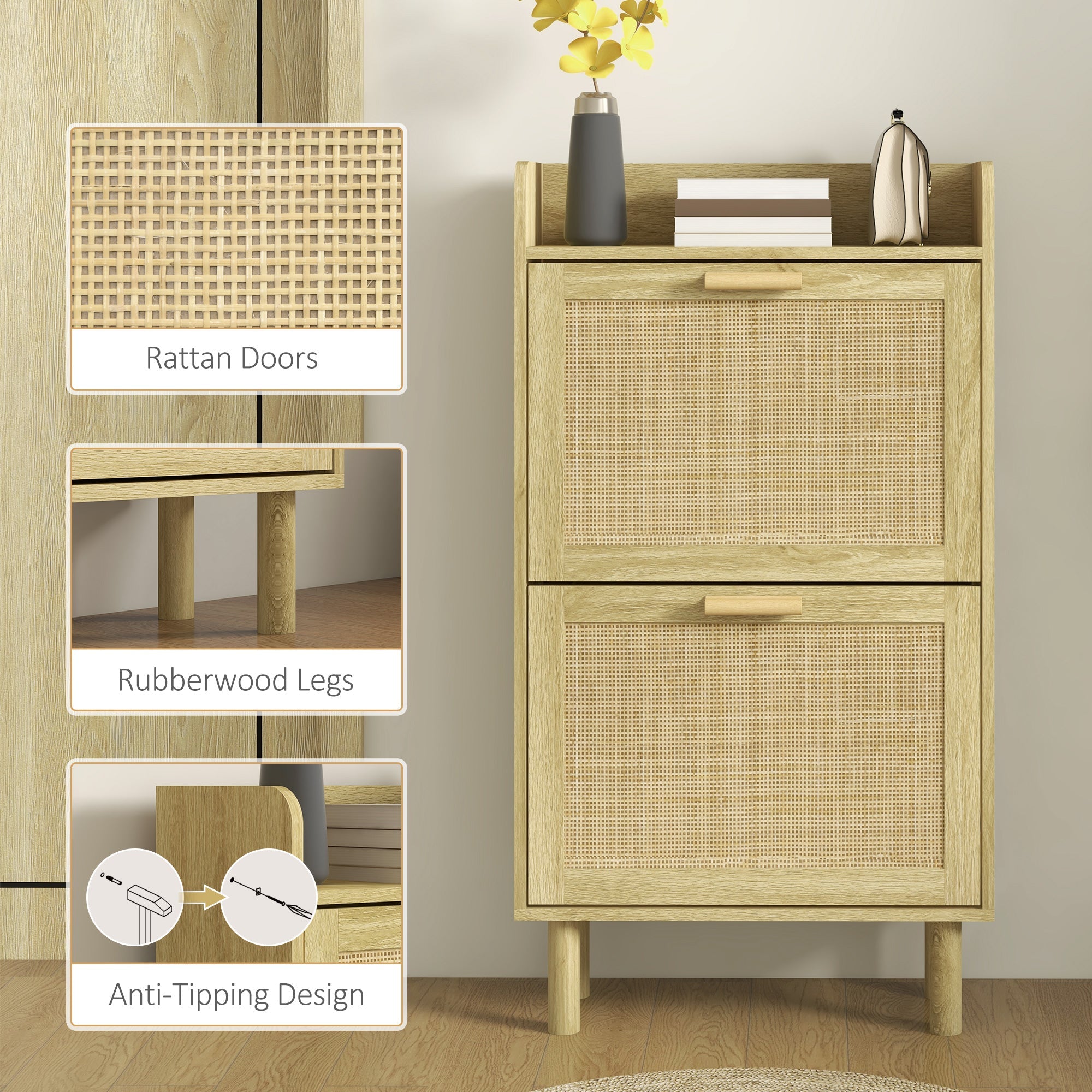 HOMCOM Slim Shoe Storage 2 Flip Drawers Adjustable Shelves Rattan Shoe Organizer 12 Pairs Oak Space Saving