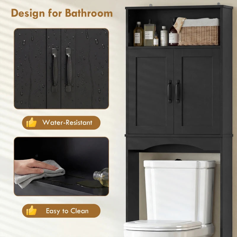 Over the Toilet Storage Cabinet Freestanding Bathroom Organizer with 2 Doors and Open Shelf Black