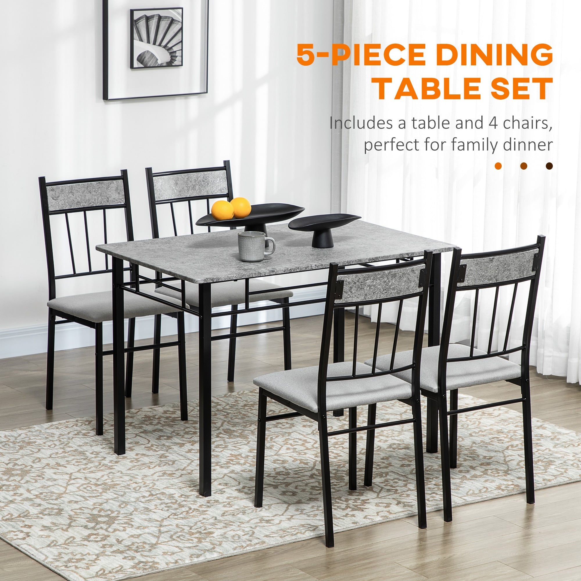HOMCOM 5-Piece Dining Set: Kitchen Table & 4 Padded Metal Chairs, Grey Finish