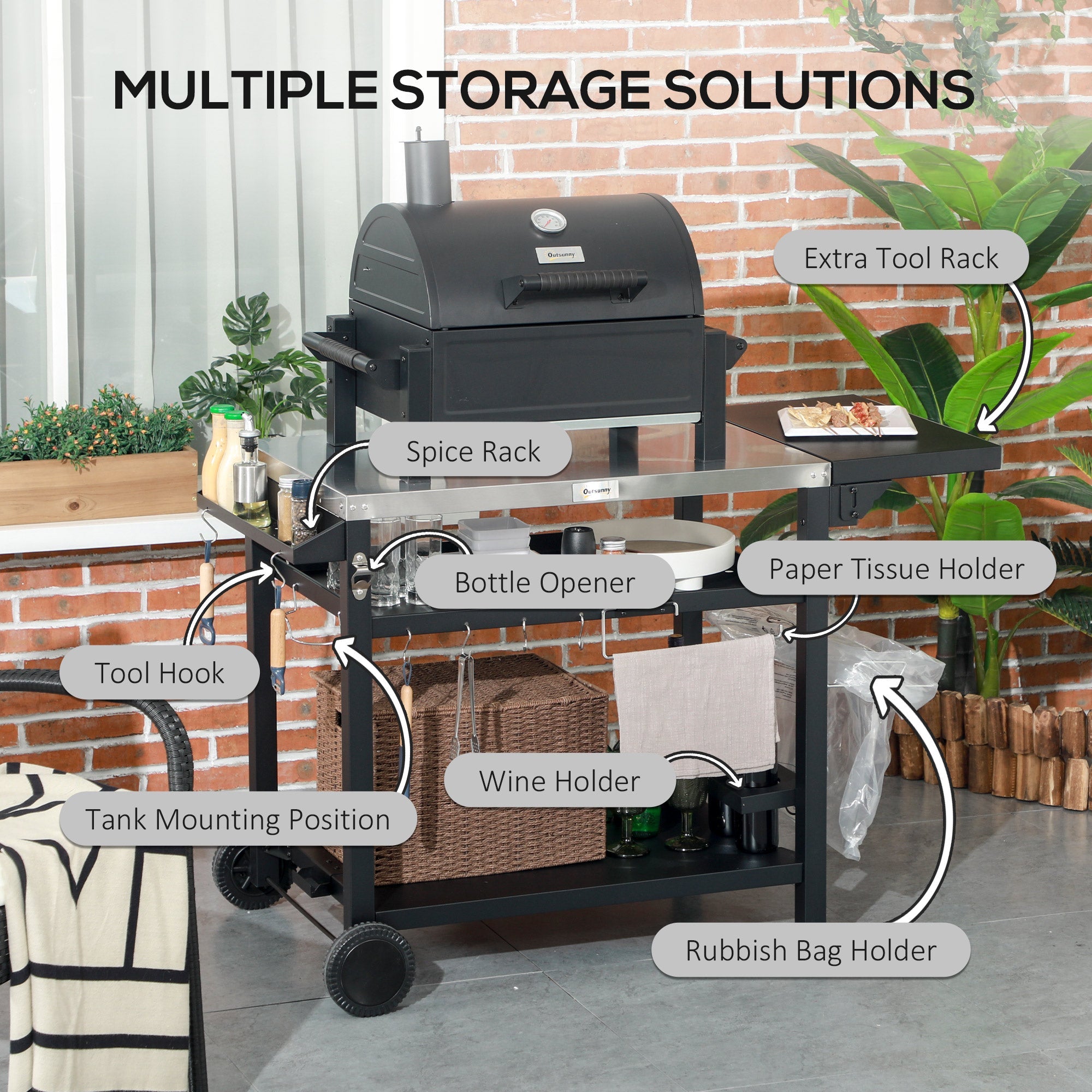 Outsunny Outdoor Grill Cart Table 3-Shelf, Foldable Side Table, Stainless Steel Top, Pizza Oven Stand, Mobile Kitchen Station