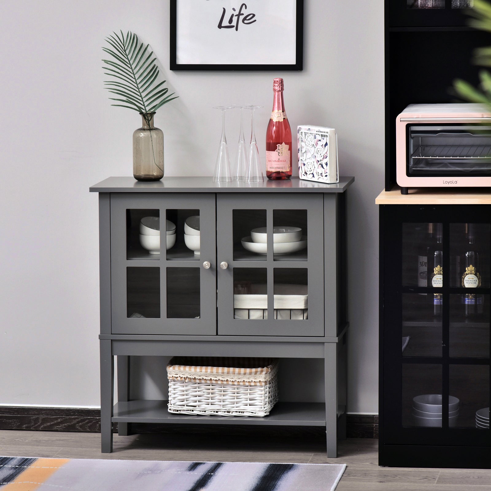 HOMCOM Contemporary Buffet Console: Modern Sideboard Bar Cabinet with Glass Doors, Kitchen Dining Room Furniture, Dark Grey