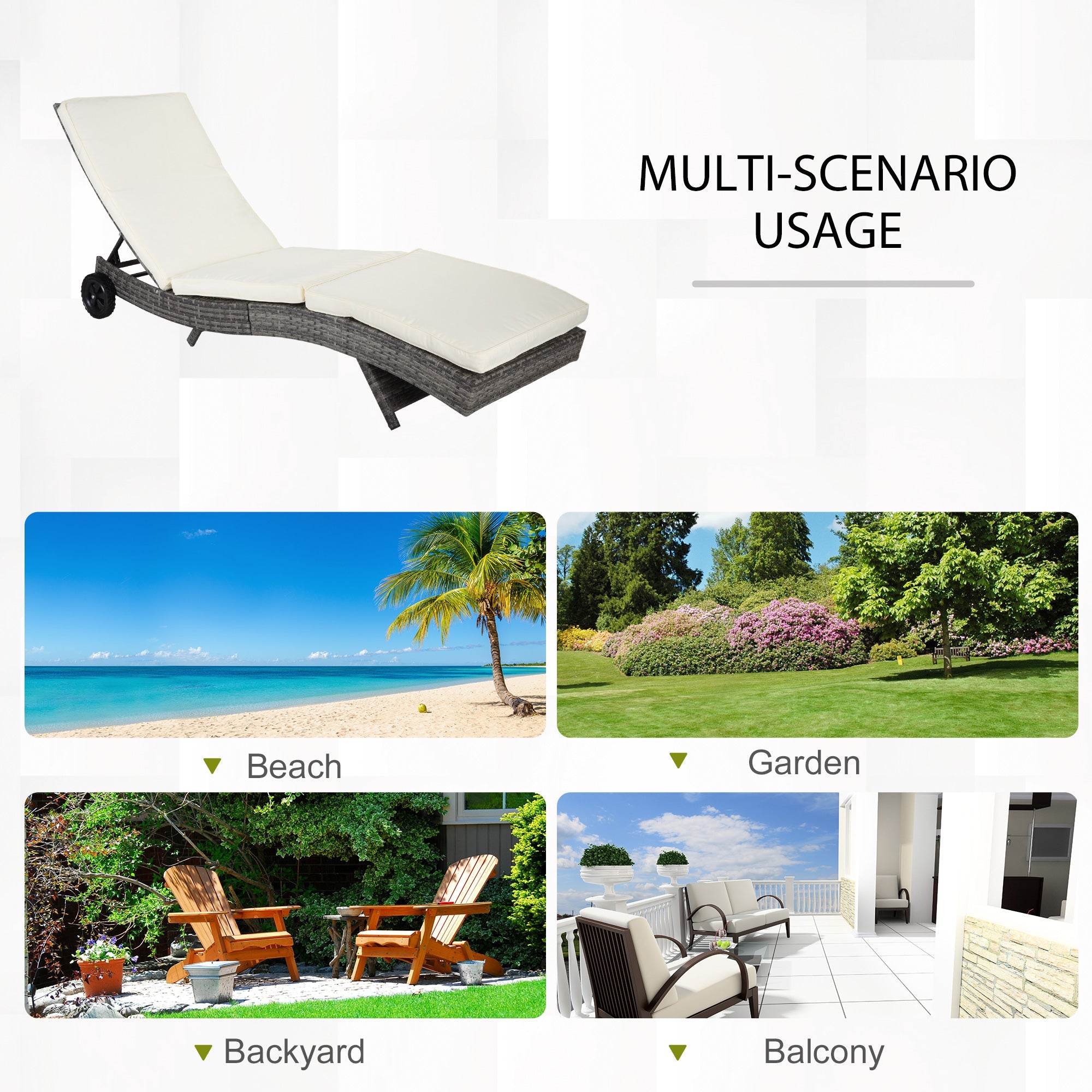 Outsunny Outdoor Adjustable Wicker Chaise Lounge Chair with Cushion & Wheels for Patio, Deck, Poolside, Cream White