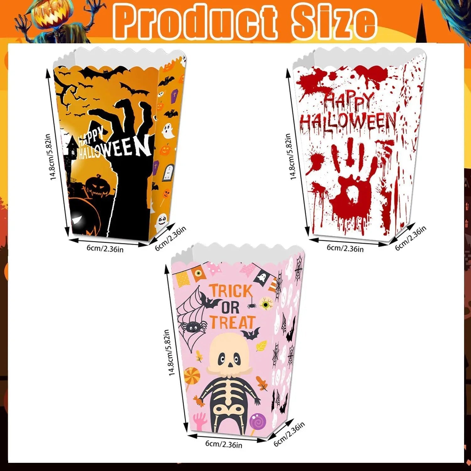 Halloween Popcorn Boxes In 3 Designs. Halloween Party Supplies In 3 Styles, 4 Of Each Style, 12 In Total