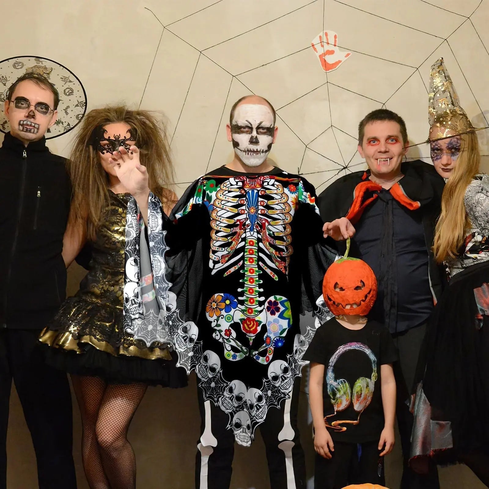 Halloween Skeleton Poncho, Lace Skeleton Halloween Costume Poncho Day Of The Dead Colorful Poncho For Women, 59 Inchx59 Inch-Cannot Be Listed On Amazon Platform