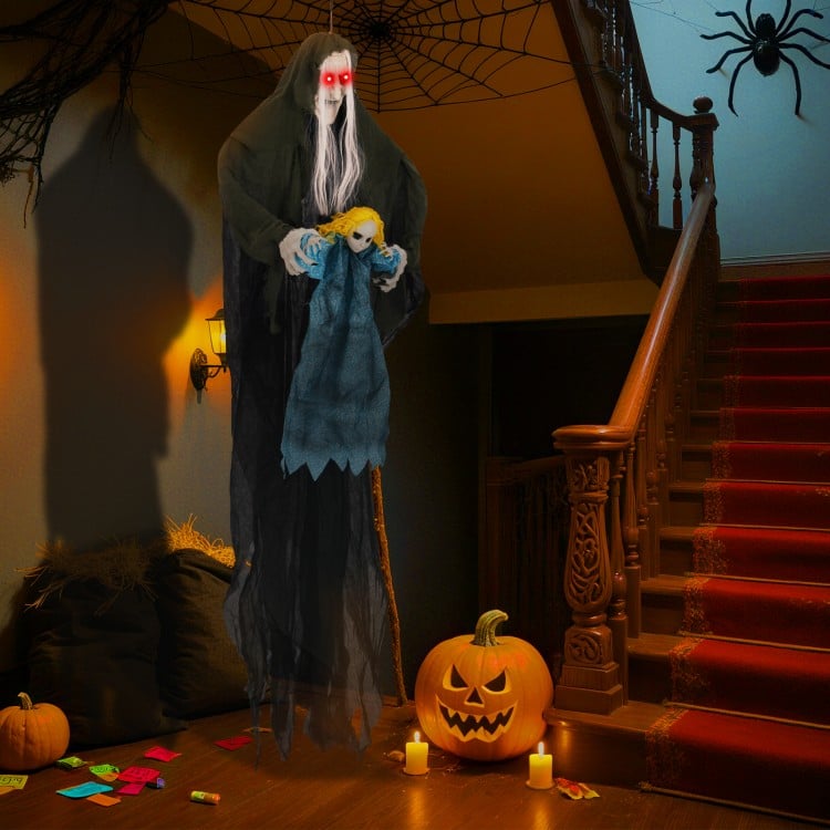Hanging Halloween Decoration Sound-Activated Witch Holding Ghost Girl with Spooky Sounds