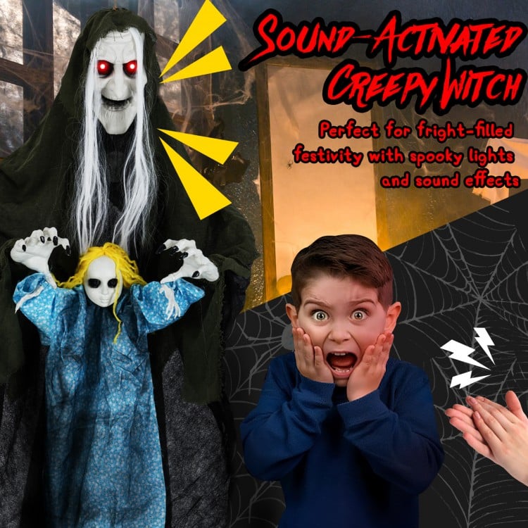 Hanging Halloween Decoration Sound-Activated Witch Holding Ghost Girl with Spooky Sounds