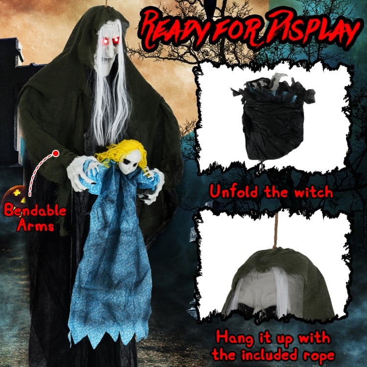 Hanging Halloween Decoration Sound-Activated Witch Holding Ghost Girl with Spooky Sounds