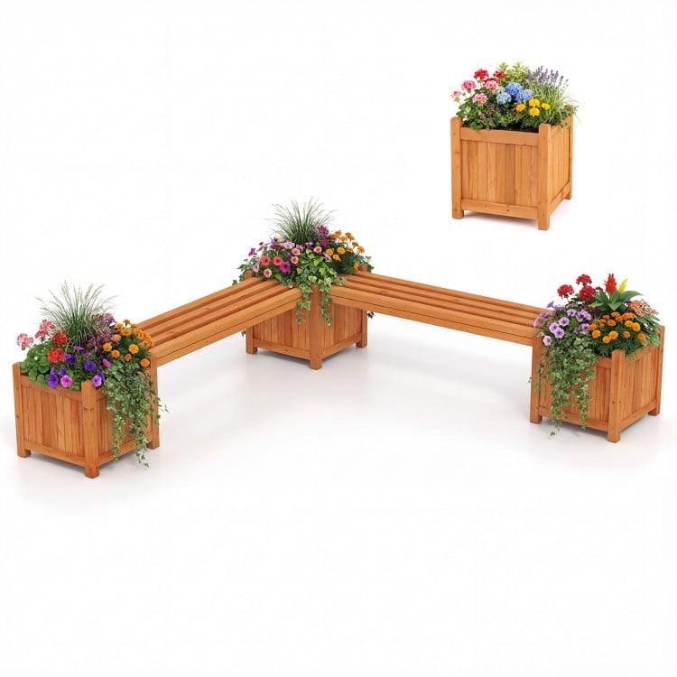 3-in-1 Outdoor Planter Box with Bench 2-Person Outdoor Bench with 2 Side Garden Beds
