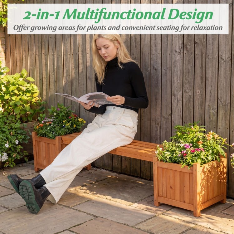 3-in-1 Outdoor Planter Box with Bench 2-Person Outdoor Bench with 2 Side Garden Beds