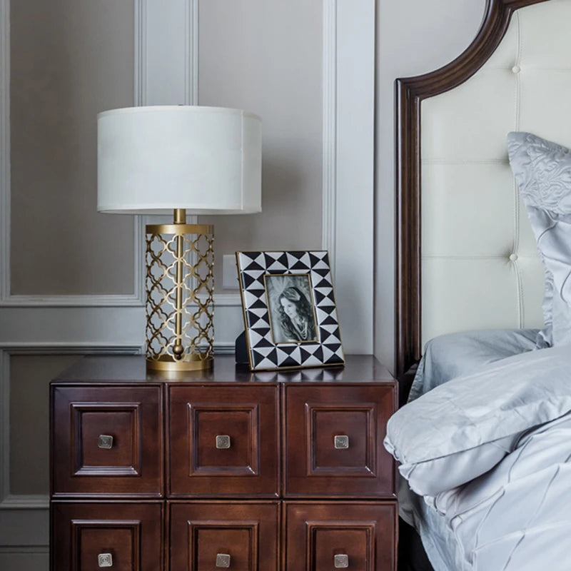 American Golden Wrought Iron Hollow Pattern Table Lamp – Luxury Living Room, Bedroom Bedside, LED E27, Beige Cloth Cover