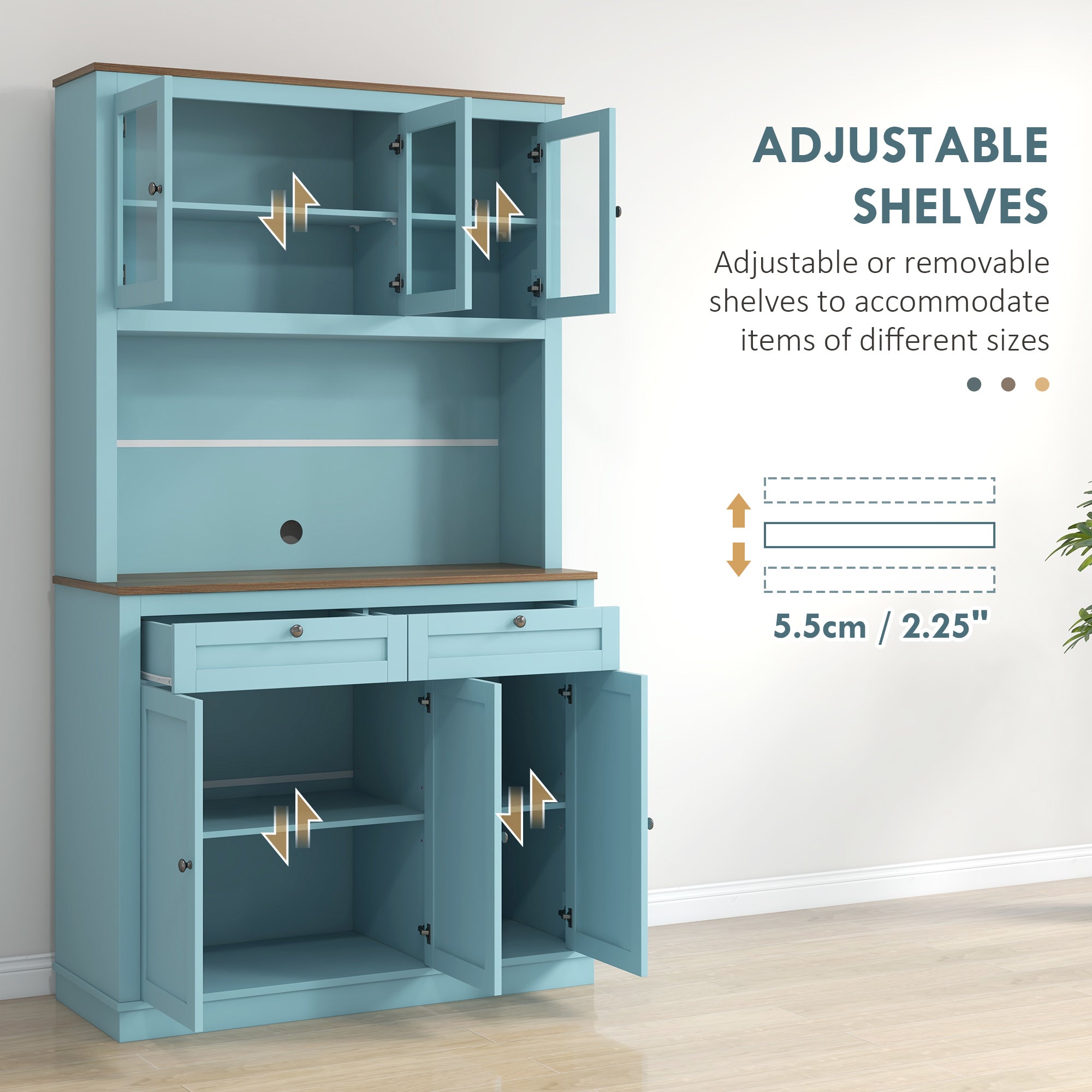 HOMCOM Spacious 71" Kitchen Pantry Cabinet - Microwave Space, Buffet Hutch, 2 Drawers, Adjustable Shelves, Glass Doors in Blue