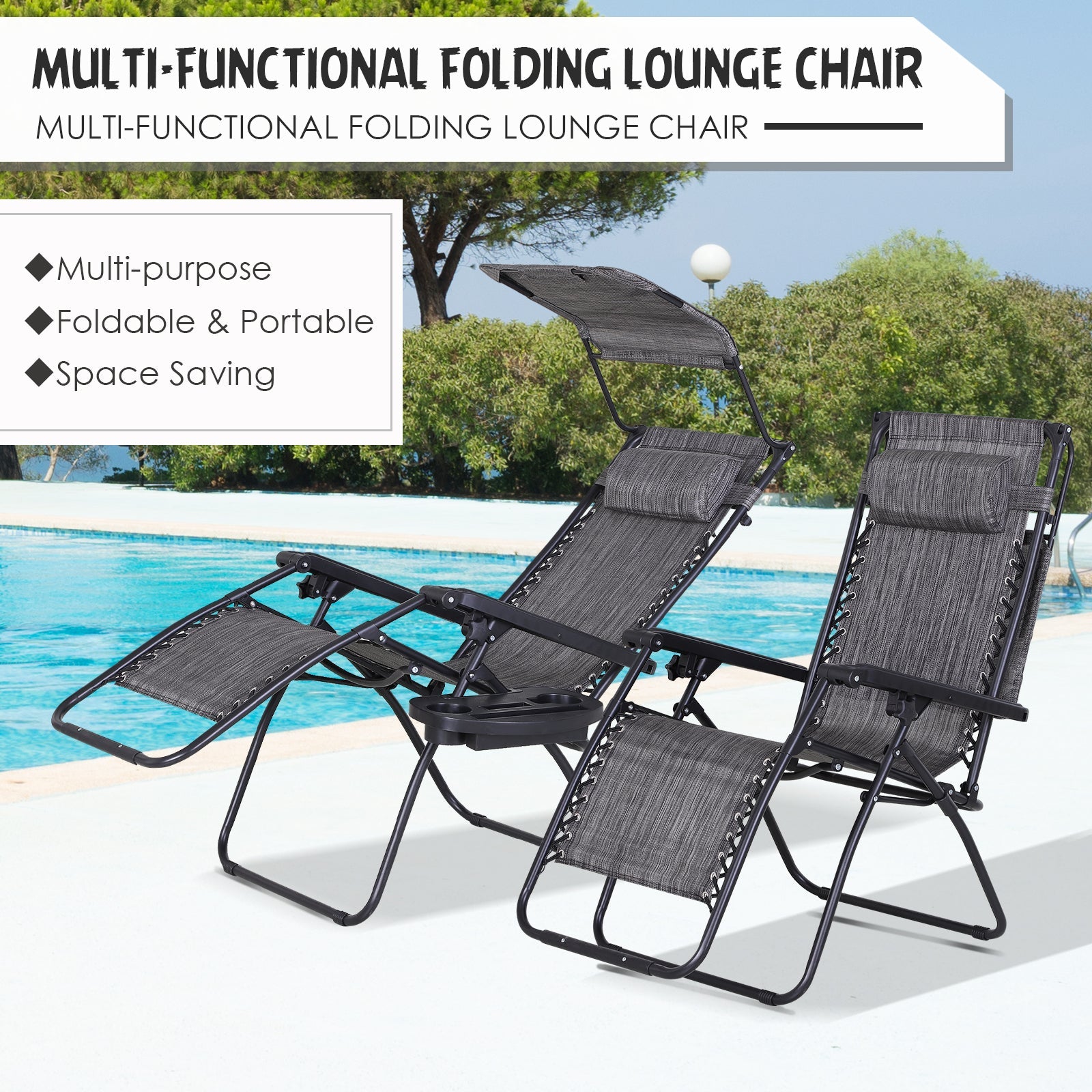 Outsunny 2-Piece Zero Gravity Chair, Adjustable Patio Lounge Chair Reclining Seat W/ Cup Holder & Canopy Shade Dark, Grey
