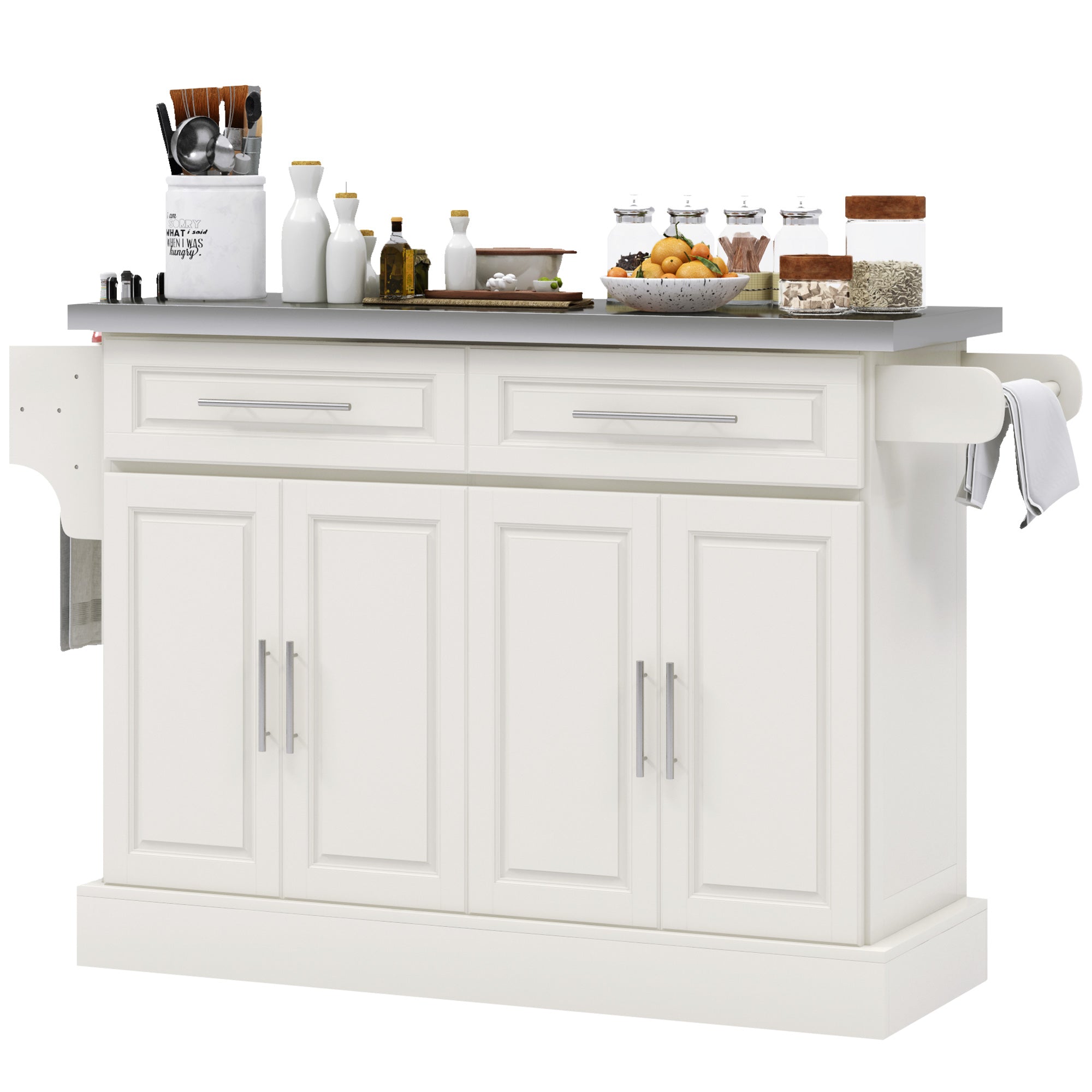 HOMCOM Rolling Kitchen Island with Storage and Stainless Steel Top, Kitchen Trolley with Drawers, Cabinets, Towel Rack, Cream