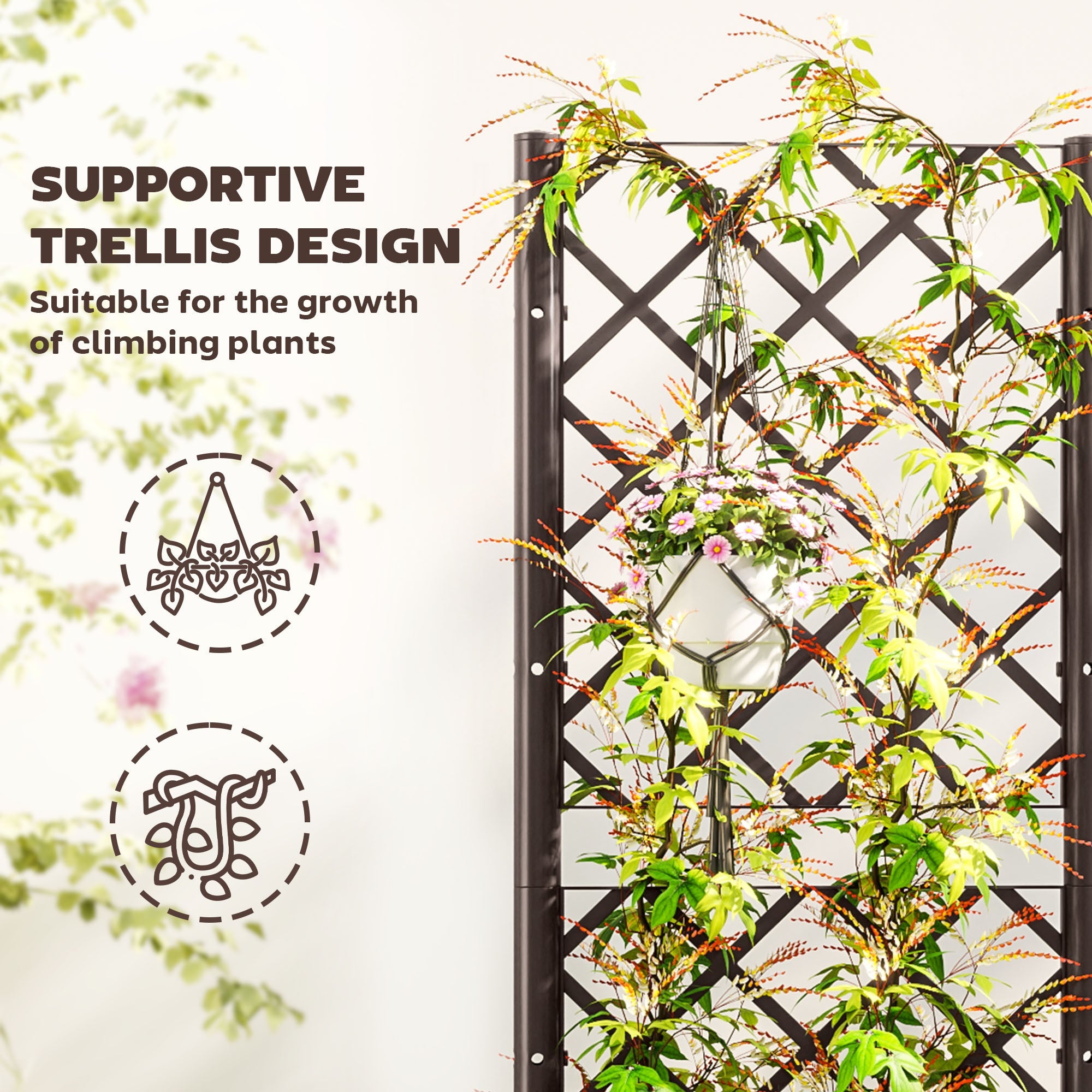 Outsunny Raised Garden Bed with Trellis, Plastic Raised Flower Bed with Drainage Holes and Drain Plugs, 16" x 16" x 48"