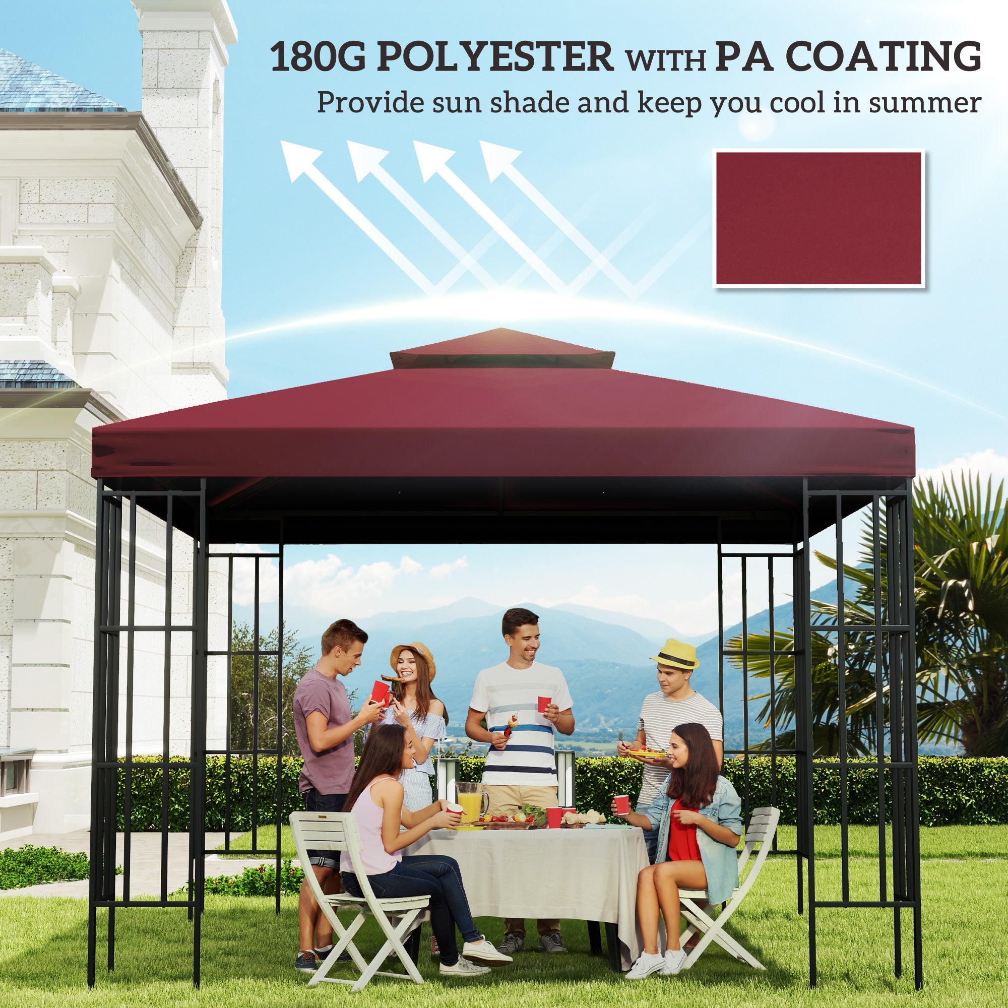 Outsunny 9.8' x 9.8' Square 2-Tier Gazebo Canopy Replacement Top Cover Outdoor Garden Sun Shade, Wine Red