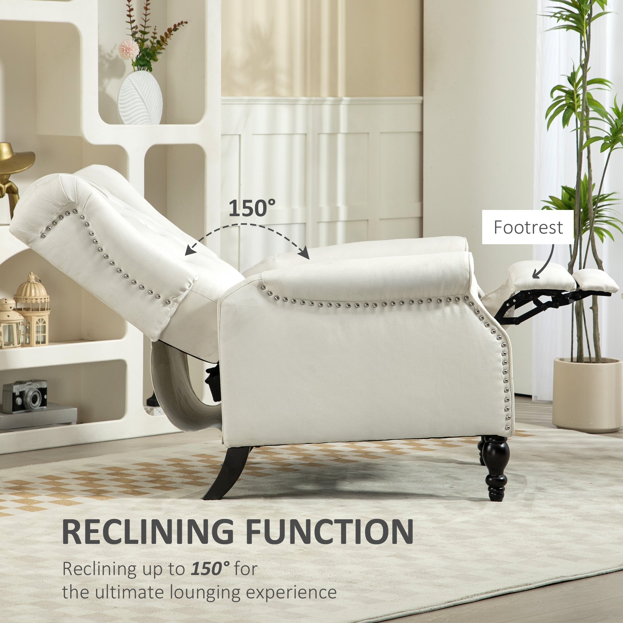 HOMCOM Wingback Reclining Chair with Footrest, Button Tufted Recliner Chair with Rolled Armrests for Living Room, Cream White