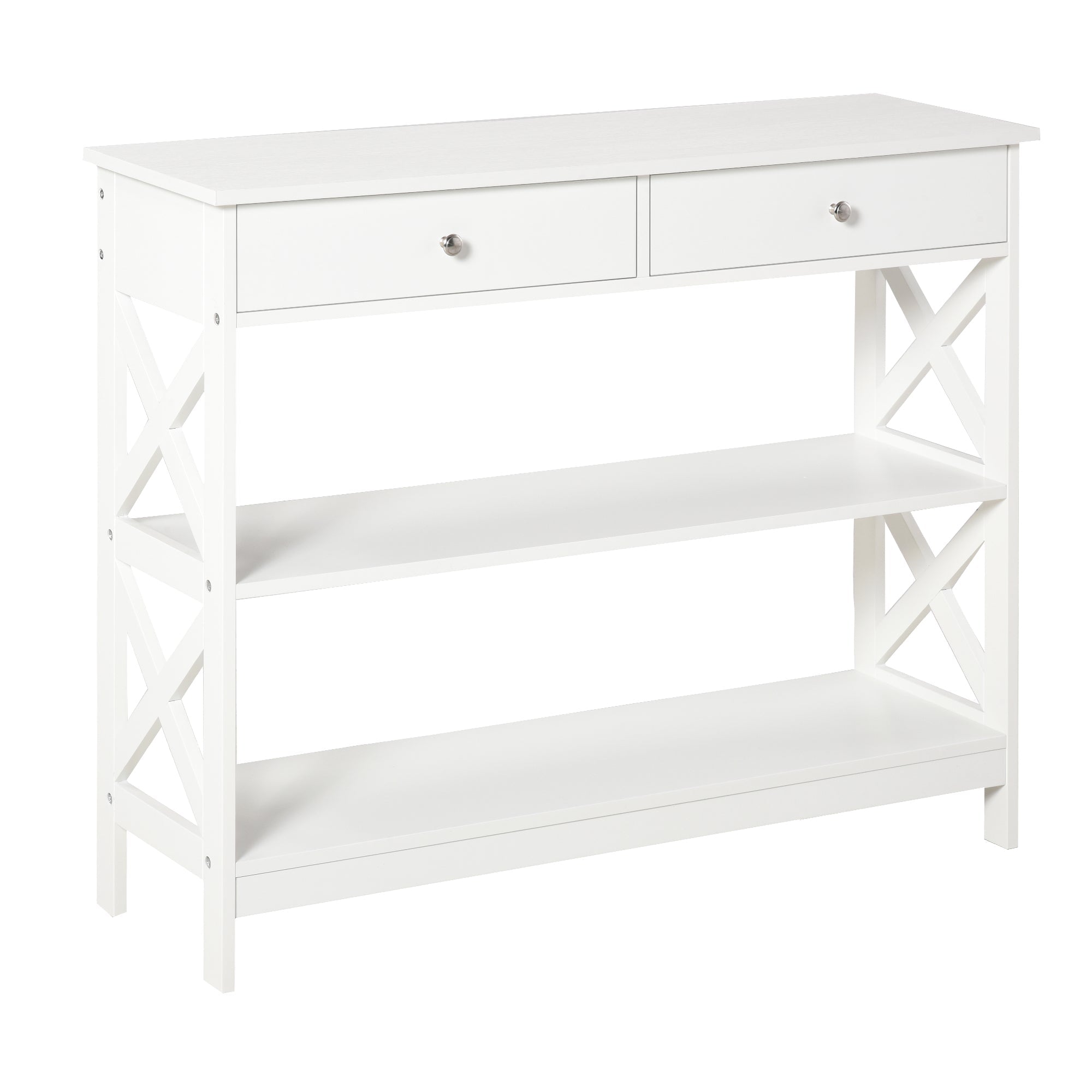 HOMCOM X-Frame Console Table: Sofa Side Table with Storage Shelves & Drawers, Living Room/Entryway, White