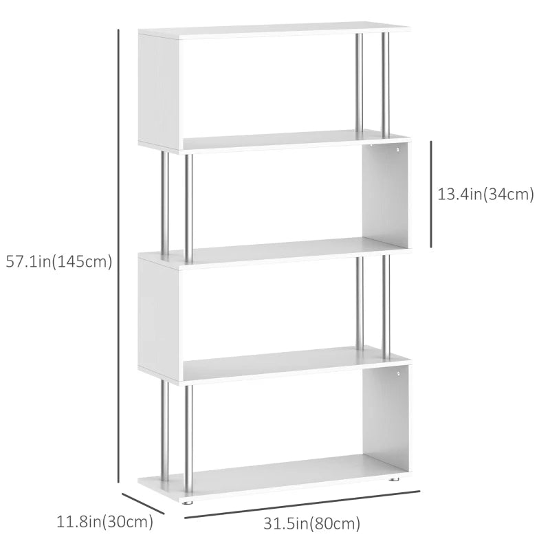 5-Tiers Geometric Wooden Bookcase S-Shaped Storage Bookshelf Display with Metal Frame for Living Room, Bedroom, Home Office, White