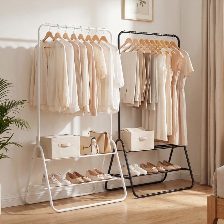 Heavy Duty Clothes Rack with Hanging Rod and Storage Shelves-White